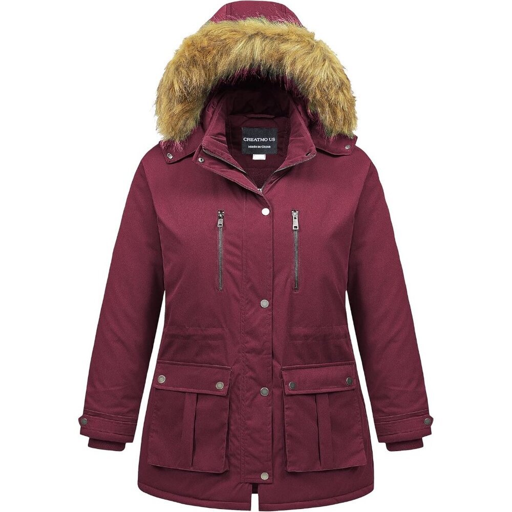 Women's Winter Wine Red Waterproof Long Puffer Jacket Coat Thicken Fur Hood
